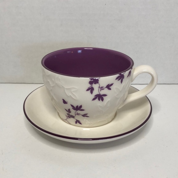 2006 Starbucks Purple Floral Embossed Leaves Tea Cup and Saucer - Picture 1 of 5
